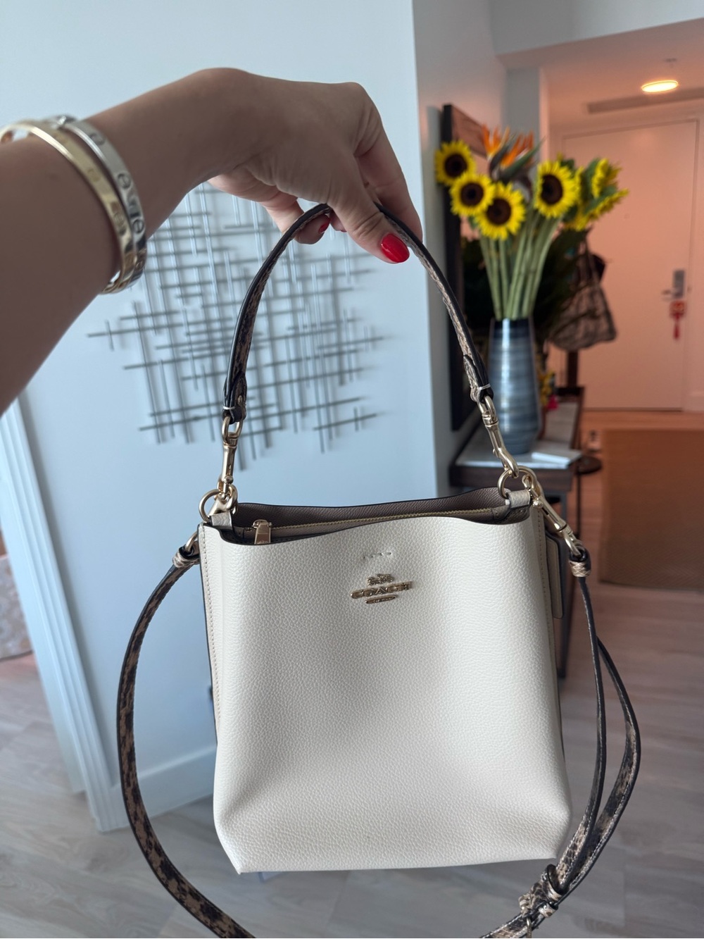Coach Cream Pebble Leather Shoulder Bag with Brown Trim